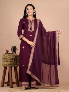 Ladies Dark Purple Rayon Solid Kurta Sharara Set With Dupatta