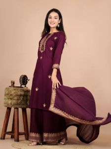 Ladies Dark Purple Rayon Solid Kurta Sharara Set With Dupatta