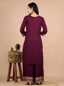 Ladies Dark Purple Rayon Solid Kurta Sharara Set With Dupatta