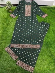Ladies Green Cotton Printed Kurti Pant Set