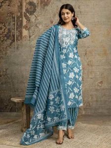 Ladies Light Blue Cotton Embroidered Kurti Salwar Set With Dupatta