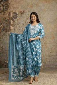 Ladies Light Blue Cotton Embroidered Kurti Salwar Set With Dupatta
