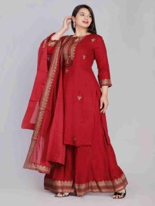 Ladies Plain Maroon Rayon Kurta Sharara Set With Dupatta