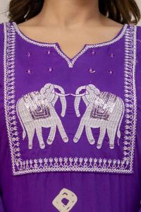 Ladies Purple Cotton Blend Animal Print Regular Kurti Set