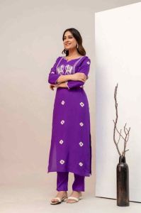 Ladies Purple Cotton Blend Animal Print Regular Kurti Set