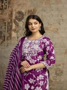 Ladies Purple Cotton Embroidered Kurta Salwar Set with Dupatta