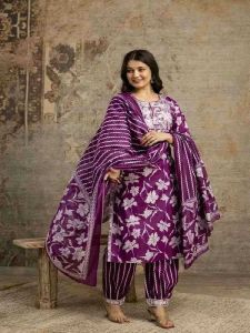 Ladies Purple Cotton Embroidered Kurta Salwar Set with Dupatta