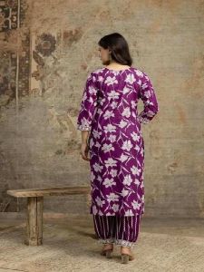 Ladies Purple Cotton Embroidered Kurta Salwar Set with Dupatta