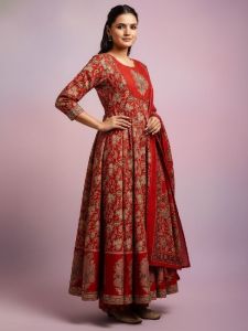 Ladies Red Printed Rayon Kurti Palazzo Set with Dupatta