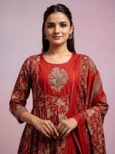 Ladies Red Printed Rayon Kurti Palazzo Set with Dupatta