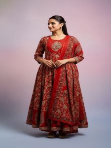Ladies Red Printed Rayon Kurti Palazzo Set with Dupatta