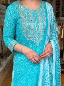 Ladies Sky Blue Cotton Embroidered Kurti Salwar Suit Set With Dupatta
