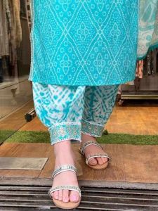 Ladies Sky Blue Cotton Embroidered Kurti Salwar Suit Set With Dupatta