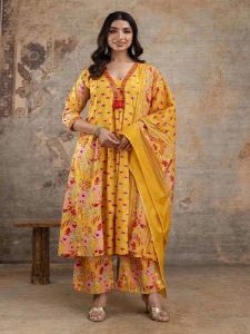 Ladies Yellow Floral Printed Rayon Anarkali Kurta Bottom Set With Dupatta