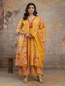 Ladies Yellow Floral Printed Rayon Anarkali Kurta Bottom Set With Dupatta