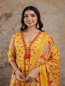 Ladies Yellow Floral Printed Rayon Anarkali Kurta Bottom Set With Dupatta