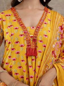Ladies Yellow Floral Printed Rayon Anarkali Kurta Bottom Set With Dupatta
