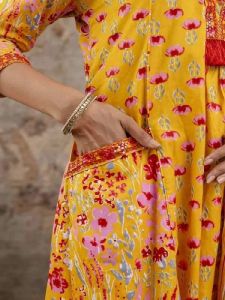 Ladies Yellow Floral Printed Rayon Anarkali Kurta Bottom Set With Dupatta