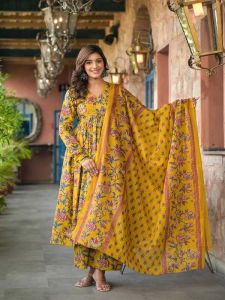 Ladies Yellow Rayon Printed Kurti Palazzo Set with Dupatta