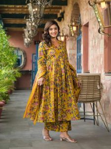 Ladies Yellow Rayon Printed Kurti Palazzo Set with Dupatta