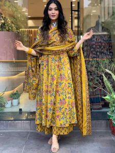 Ladies Yellow Rayon Printed Kurti Palazzo Suit Set With Dupatta