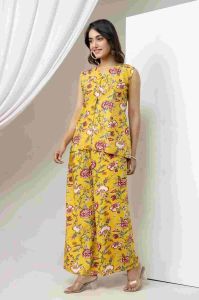 Ladies Yellow Viscose Rayon Printed Co-Ord Set