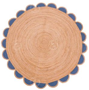 Blue Scalloped Border Round Handmade Jute Rug