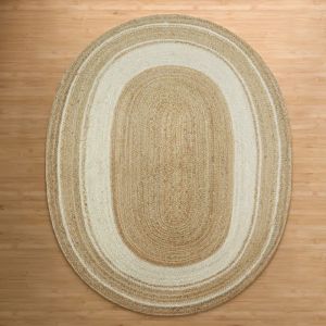 Oval Natural Beige Striped Handmade Jute Rug