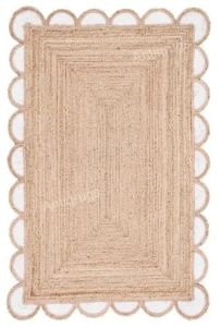 White Scalloped Rectangle Handmade Jute Rug