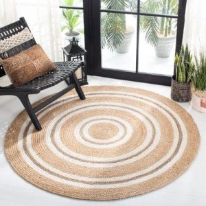 White Striped Round Handmade Jute Rug
