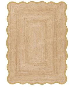 Yellow Trim Wavy Rectangle Handmade Jute Rug