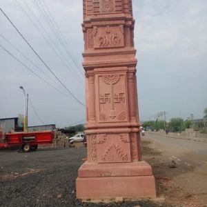 Hand Carved Red Sandstone Pillar
