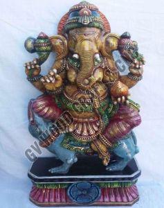 24 Inches Wooden Four Armed Seated Ganesha Wooden Statue