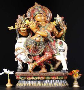 36 Inch Wooden Painted Venugopal Statue