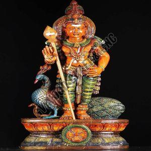 36 Inches Hand Carved Wooden Murugan Idol