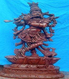 60 Inches Wooden Krishna Playing Flute Statue