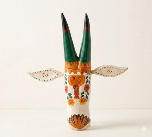 Ivory Floral Wooden Bull Mask Decor