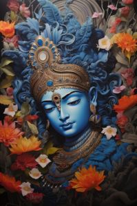 Floral Lord Krishna Portrait Canvas Wall Painting