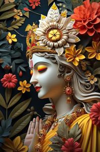 Floral Radha Krishna 3D Textured Canvas Wall Painting