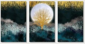 Golden Tree Moon Landscape 3 Panel Canvas Wall Painting