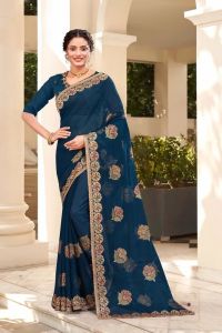Ladies Blue Floral Border Saree