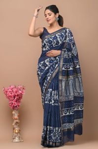 Ladies Blue Printed Cotton Saree