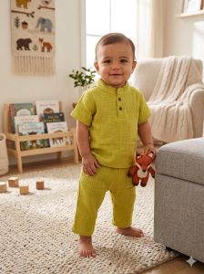 Green Muslin  Kids Co Ord Set