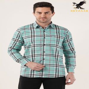 Mens Aqua Blue and Black Check Full Sleeve Cotton Shirt