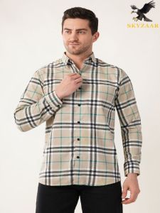 Mens Beige and Black Check Full Sleeve Cotton Shirt