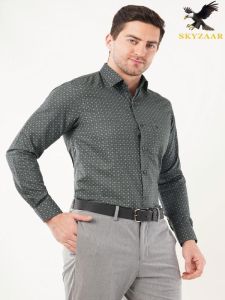 Mens Grey Printed Cotton Linen Full Sleeve Shirt