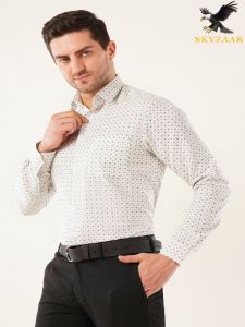 Mens White Printed Cotton Linen Full Sleeve Shirt