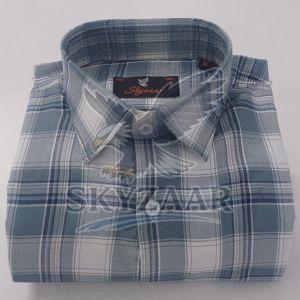 Mens Blue and White Full Sleeve Cotton Check Shirt
