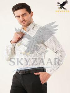 Mens White Printed Cotton Linen Full Sleeve Shirt