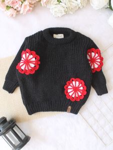 Crochet Full Sleeves Red White Floral Applique Sweater